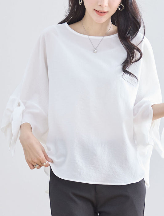 袖リボン付きバックロングブラウス