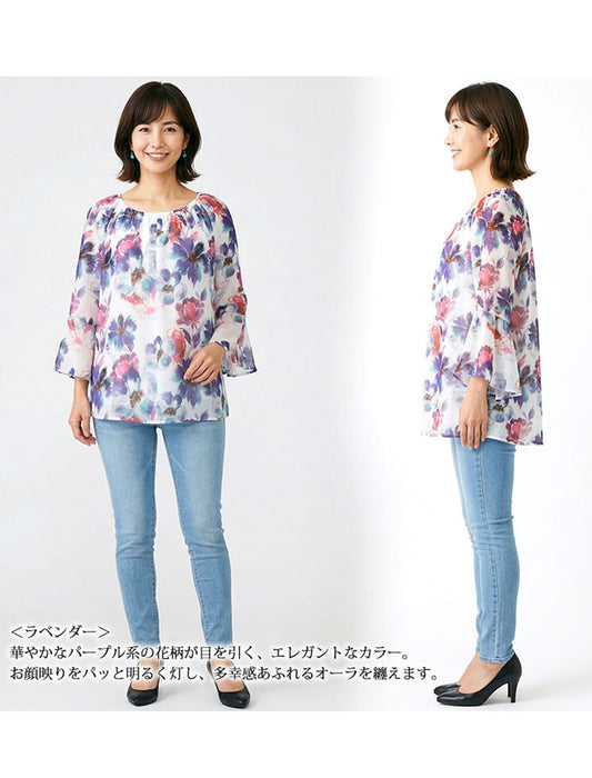 涼しげ花柄フレアスリーブブラウス