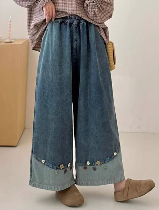 ナチュラル系カラフルボタンデザイン・ロングデニムキュロット　