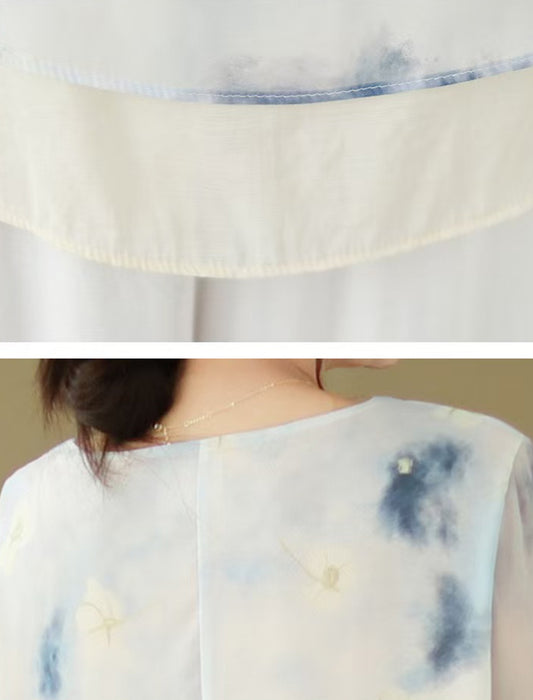 水彩風シフォンブラウス×ワイドパンツセットアップ